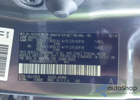 2020 Toyota Highlander Xle z USA, uszkodzony, nr VIN 5TDHZRAH2LS505752